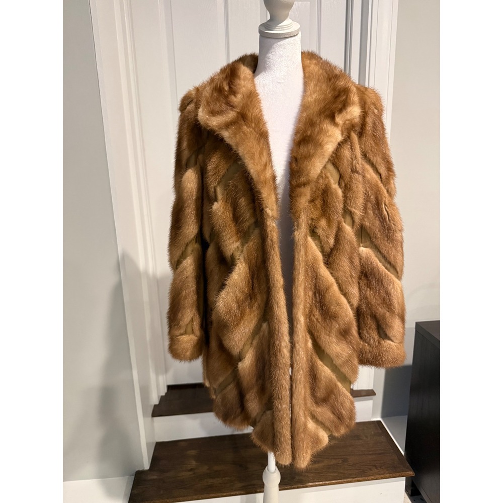 Pappas Furs Ranch Mink Fur Coat Womens Sz Large Brown Chevron Pristine VTG 12/14